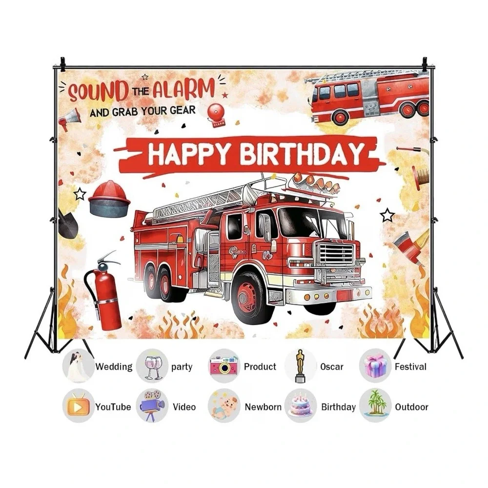 7x5ft Fabric Happy Birthday Backdroop Fire Truck Decoration Photo Studio Props